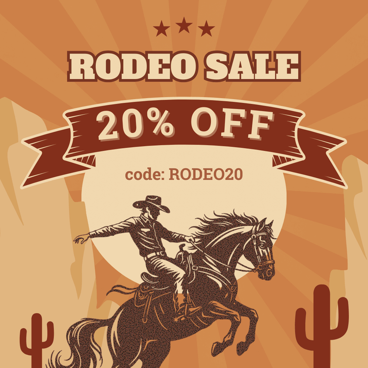 Rodeo sale banner with cowboy, horse, and bull illustrations on a brown background.