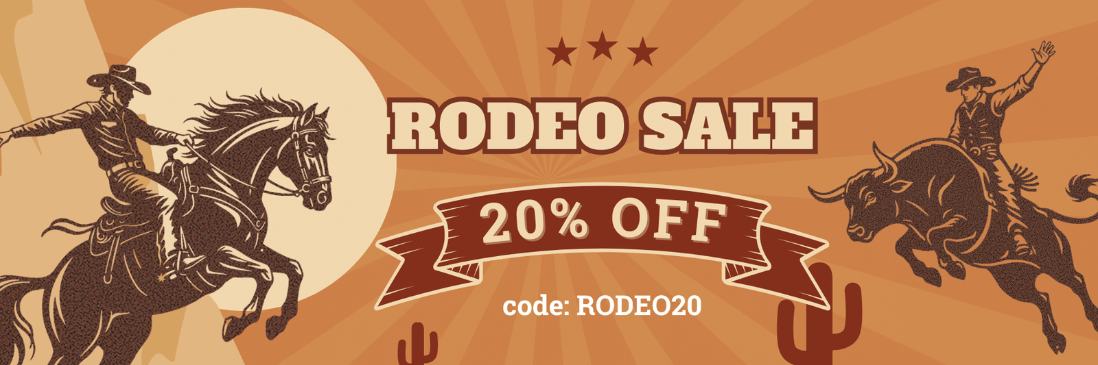 Rodeo sale banner with cowboy, horse, and bull illustrations on a brown background.