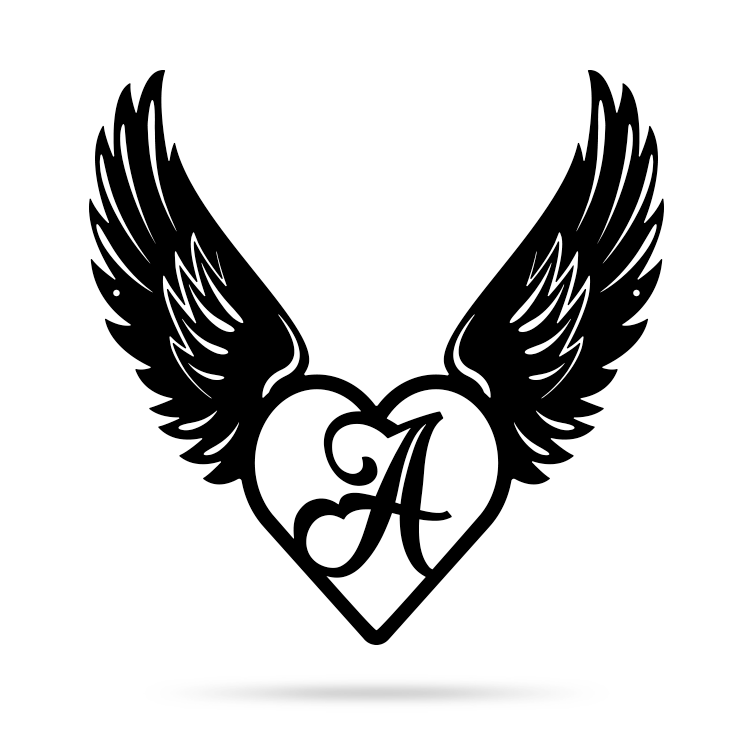 Heart with Angel Wings Monogram 14" X 14" / Black / A - RealSteel Center