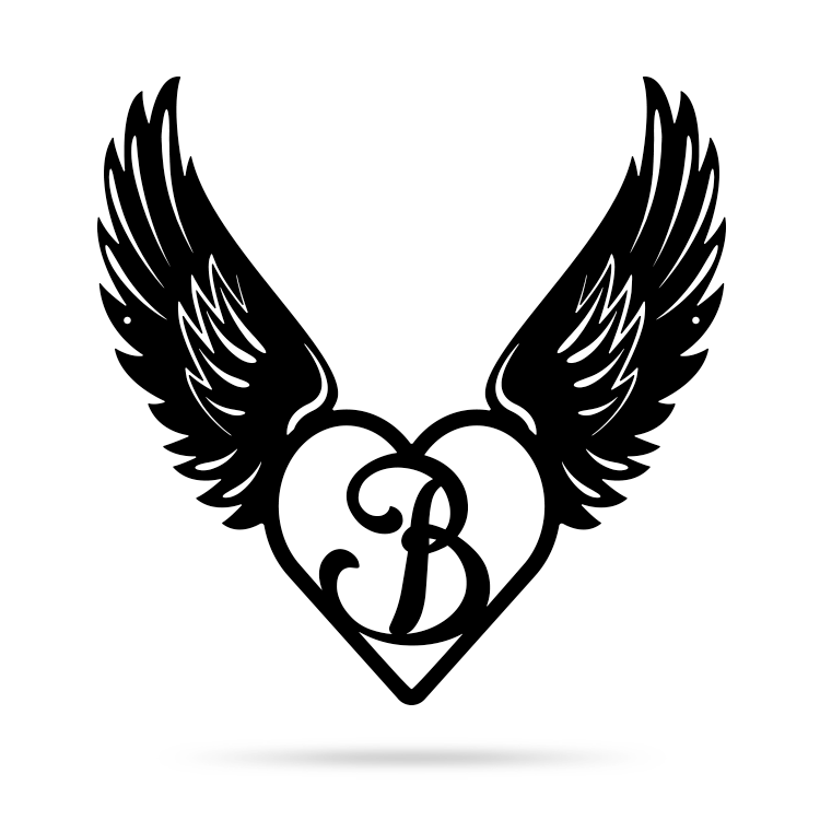 Heart with Angel Wings Monogram 14" X 14" / Black / B - RealSteel Center