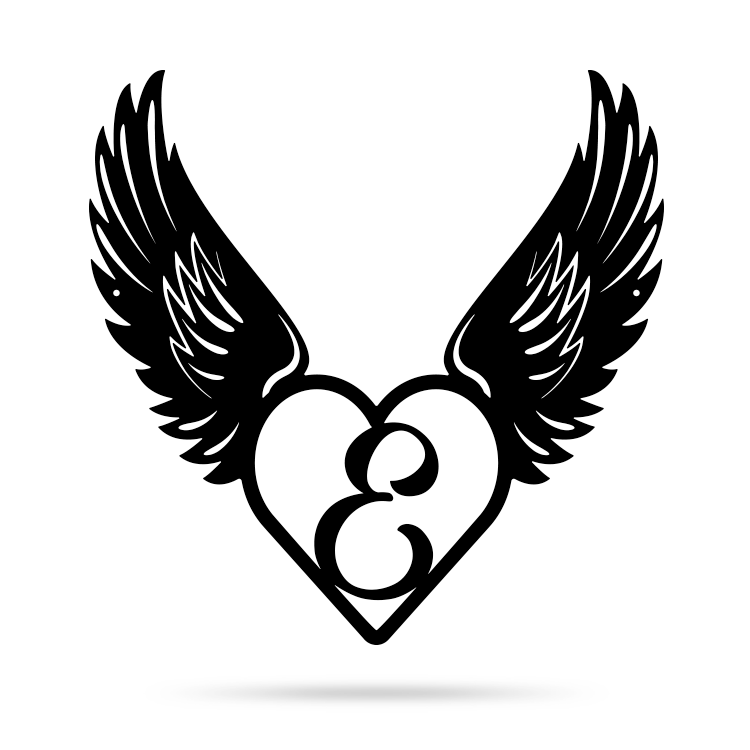 Heart with Angel Wings Monogram 14" X 14" / Black / E - RealSteel Center