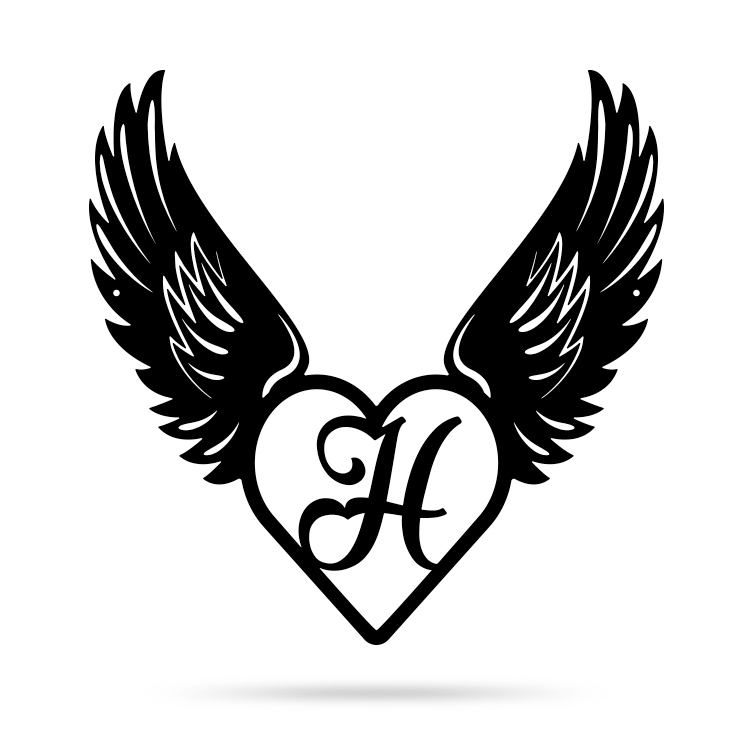 Heart with Angel Wings Monogram 14" X 14" / Black / H - RealSteel Center