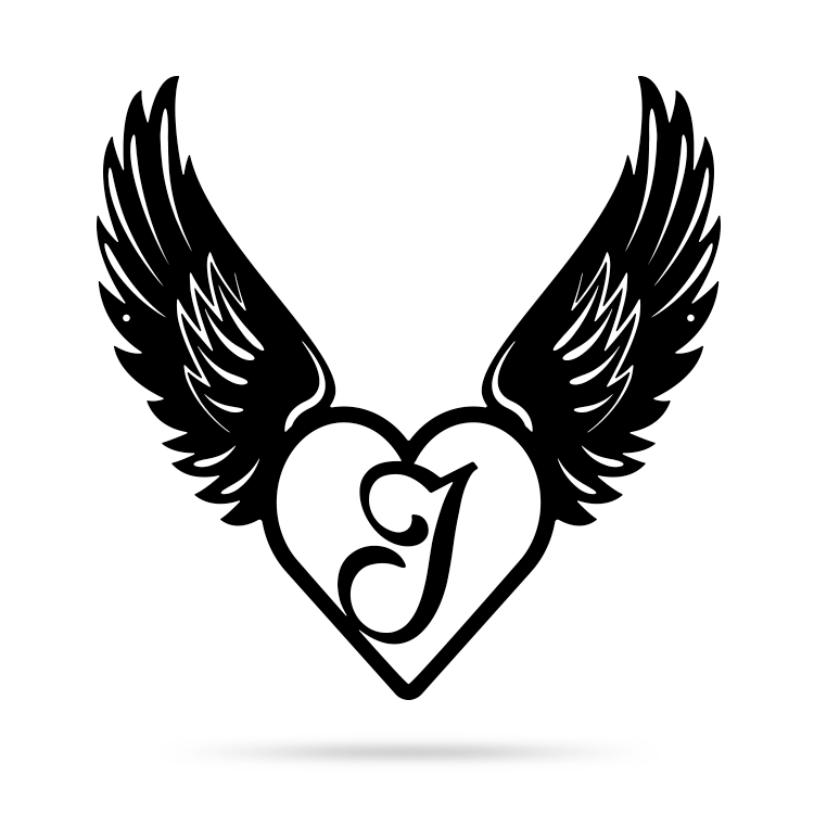 Heart with Angel Wings Monogram 14" X 14" / Black / J - RealSteel Center