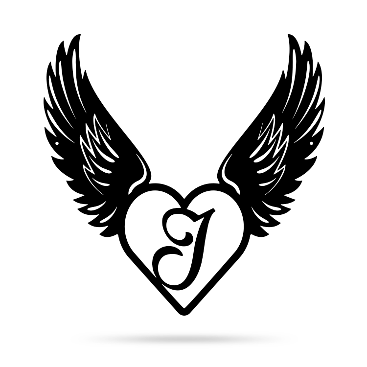 Heart with Angel Wings Monogram 18" X 18" / Black / J - RealSteel Center