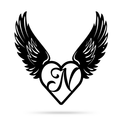 Heart with Angel Wings Monogram 14" X 14" / Black / N - RealSteel Center