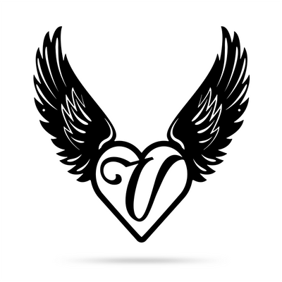 Heart with Angel Wings Monogram 18" X 18" / Black / V - RealSteel Center