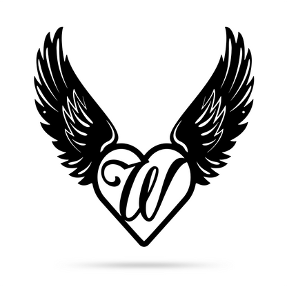 Heart with Angel Wings Monogram 14" X 14" / Black / W - RealSteel Center