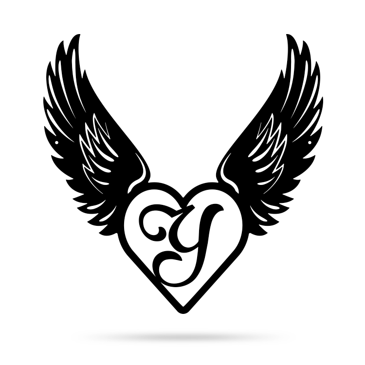 Heart with Angel Wings Monogram 14" X 14" / Black / Y - RealSteel Center